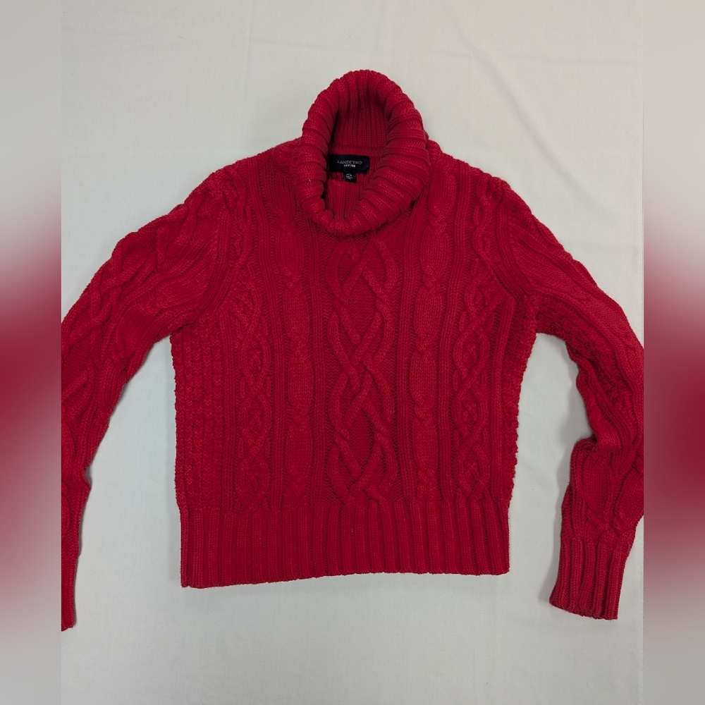 Lands' End Drifter Chunky Cable Knit Turtleneck Sweater In Red - Picture 3 of 12